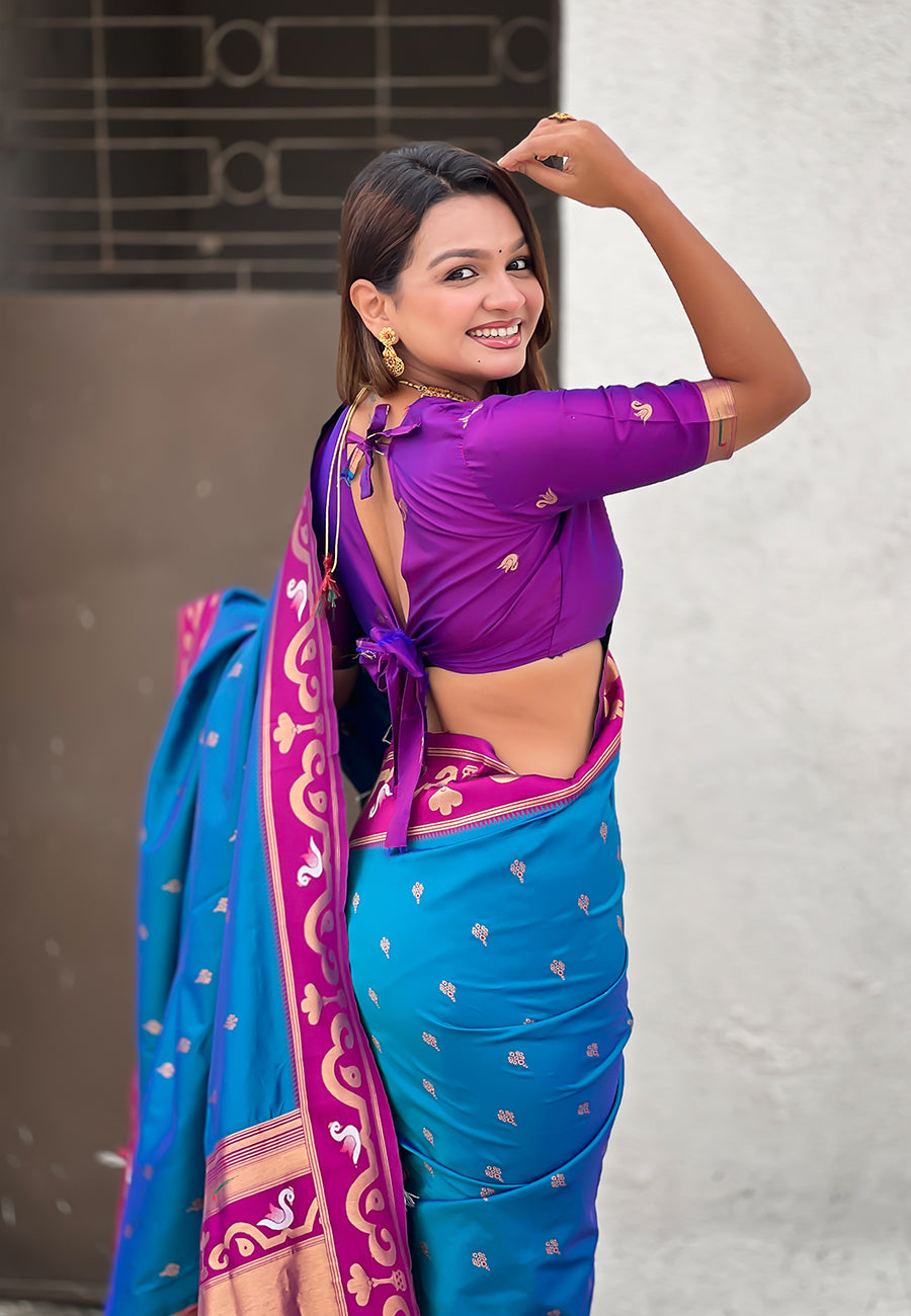 Rama Blue Zari Woven Rajhans Swan Paithani Silk Saree