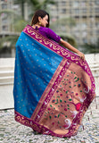 Rama Blue Zari Woven Rajhans Swan Paithani Silk Saree