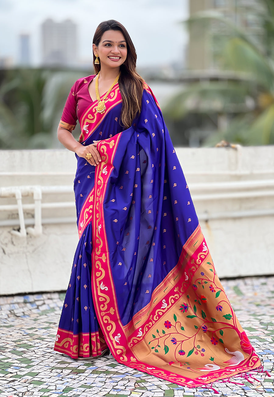 Violet Zari Woven Rajhans Swan Paithani Silk Saree