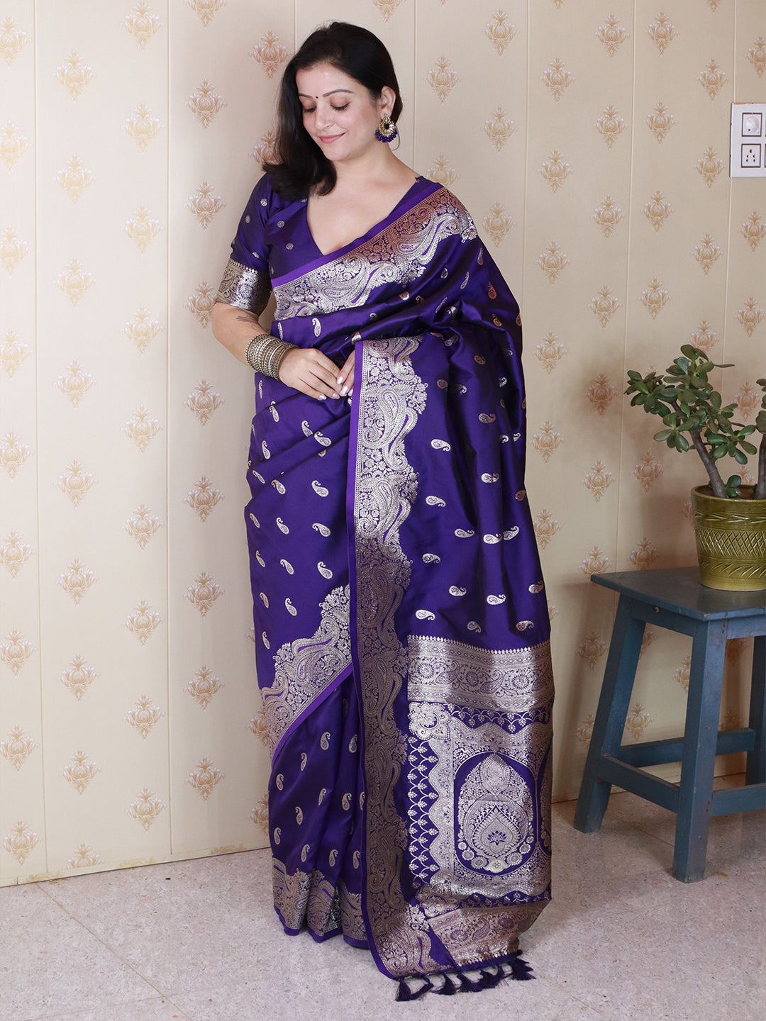 Violet Banarasi Soft Silk Silver Zari Woven Saree