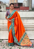 Orange Zari Woven Rajhans Swan Paithani Silk Saree