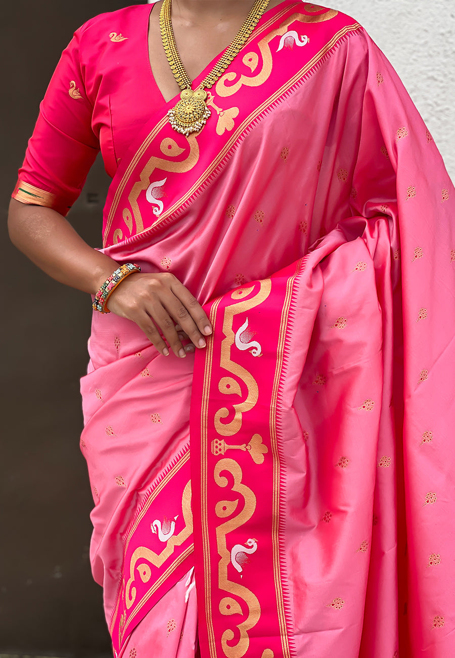 Baby Pink Zari Woven Rajhans Swan Paithani Silk Saree