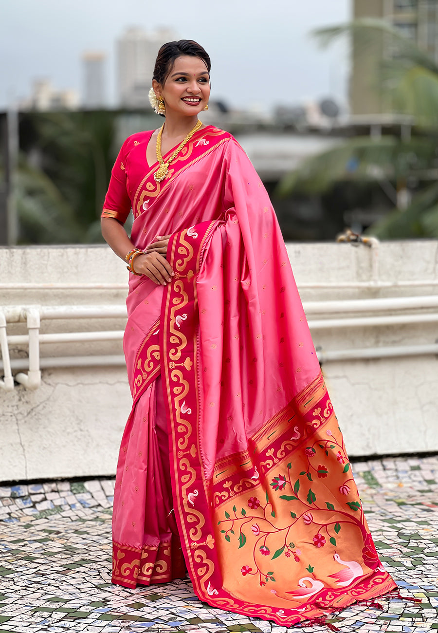 Baby Pink Zari Woven Rajhans Swan Paithani Silk Saree