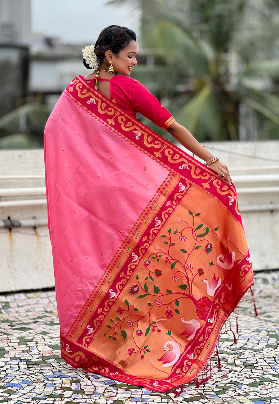 Baby Pink Zari Woven Rajhans Swan Paithani Silk Saree