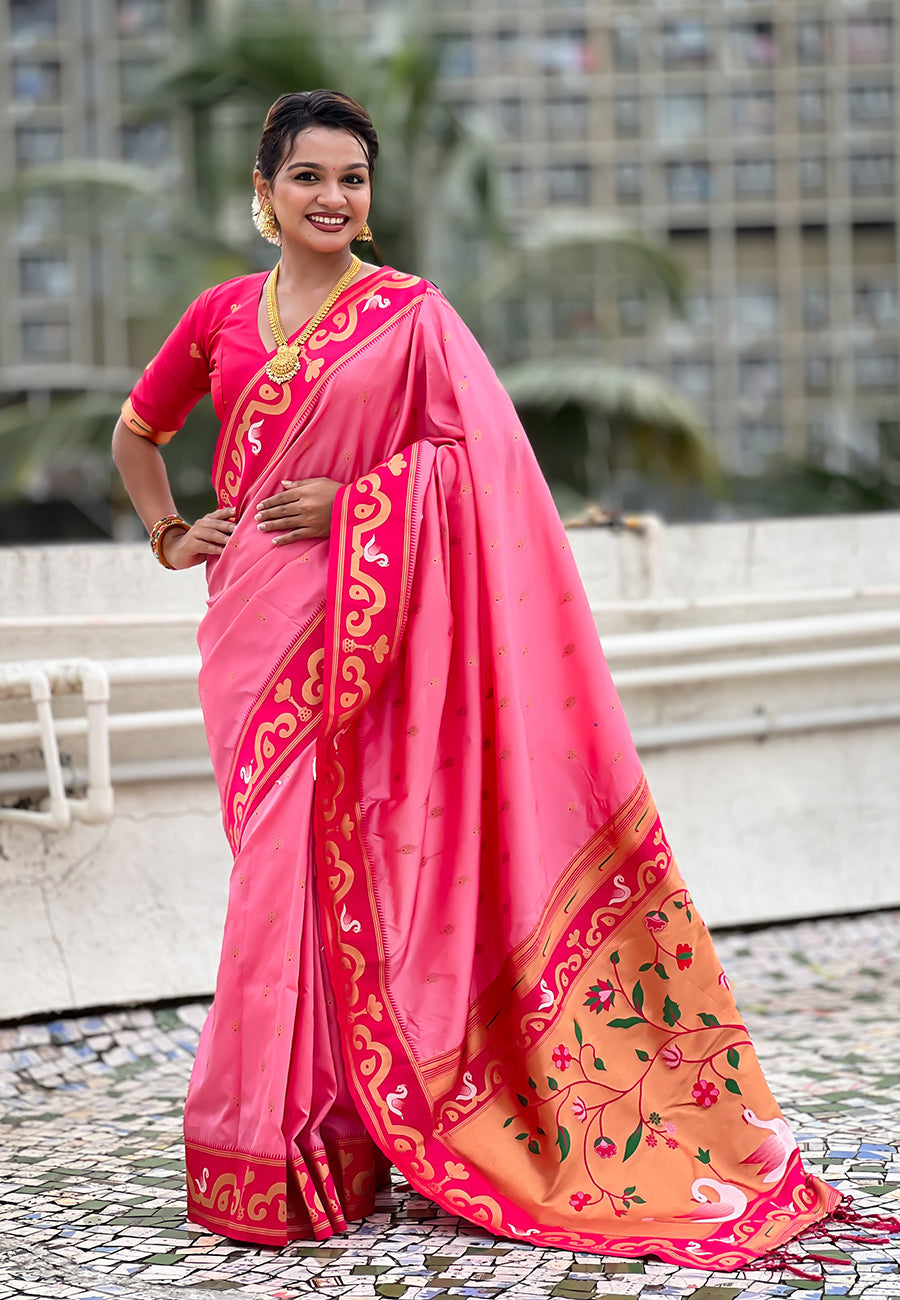 Baby Pink Zari Woven Rajhans Swan Paithani Silk Saree
