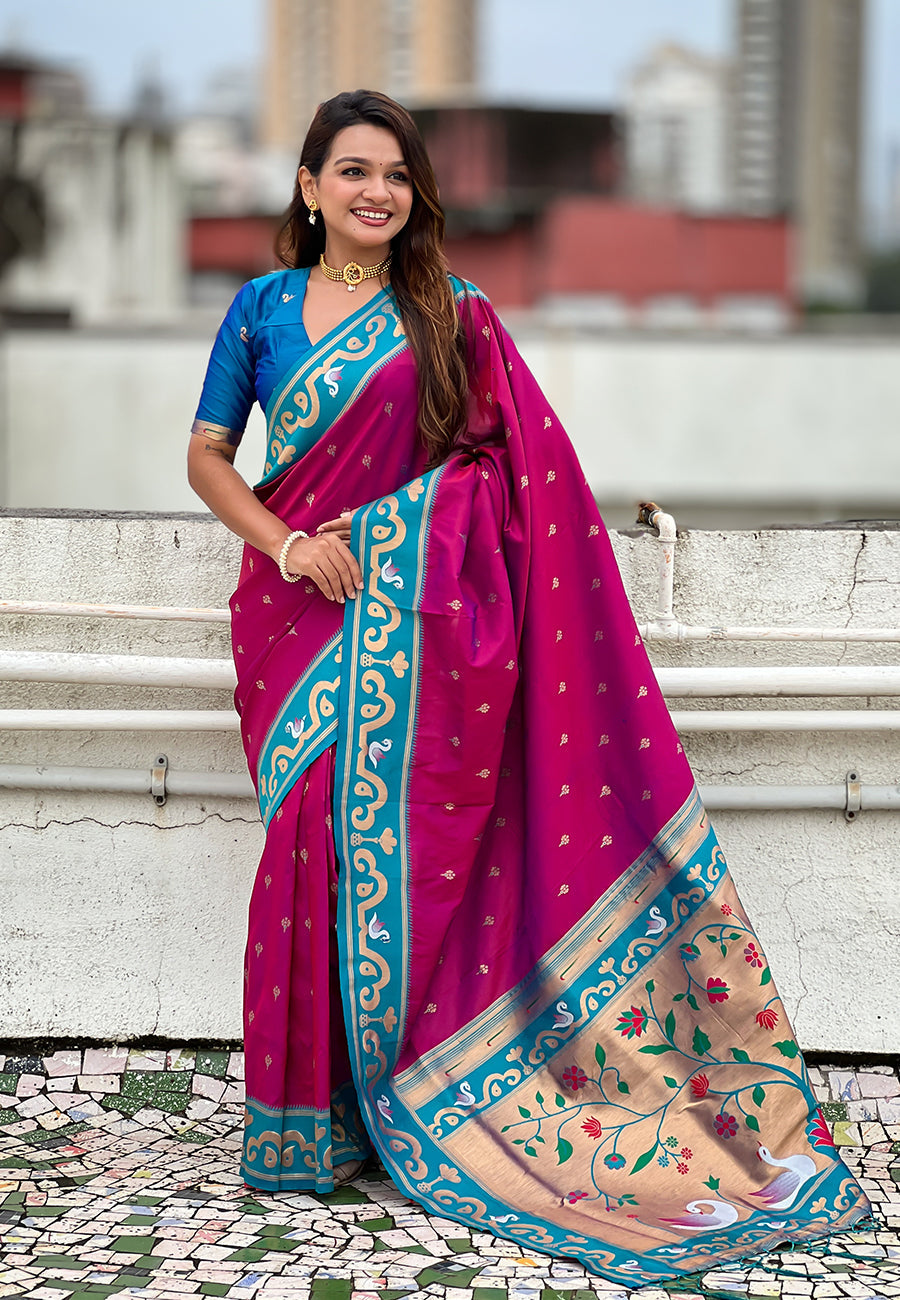 Magenta Zari Woven Rajhans Swan Paithani Silk Saree