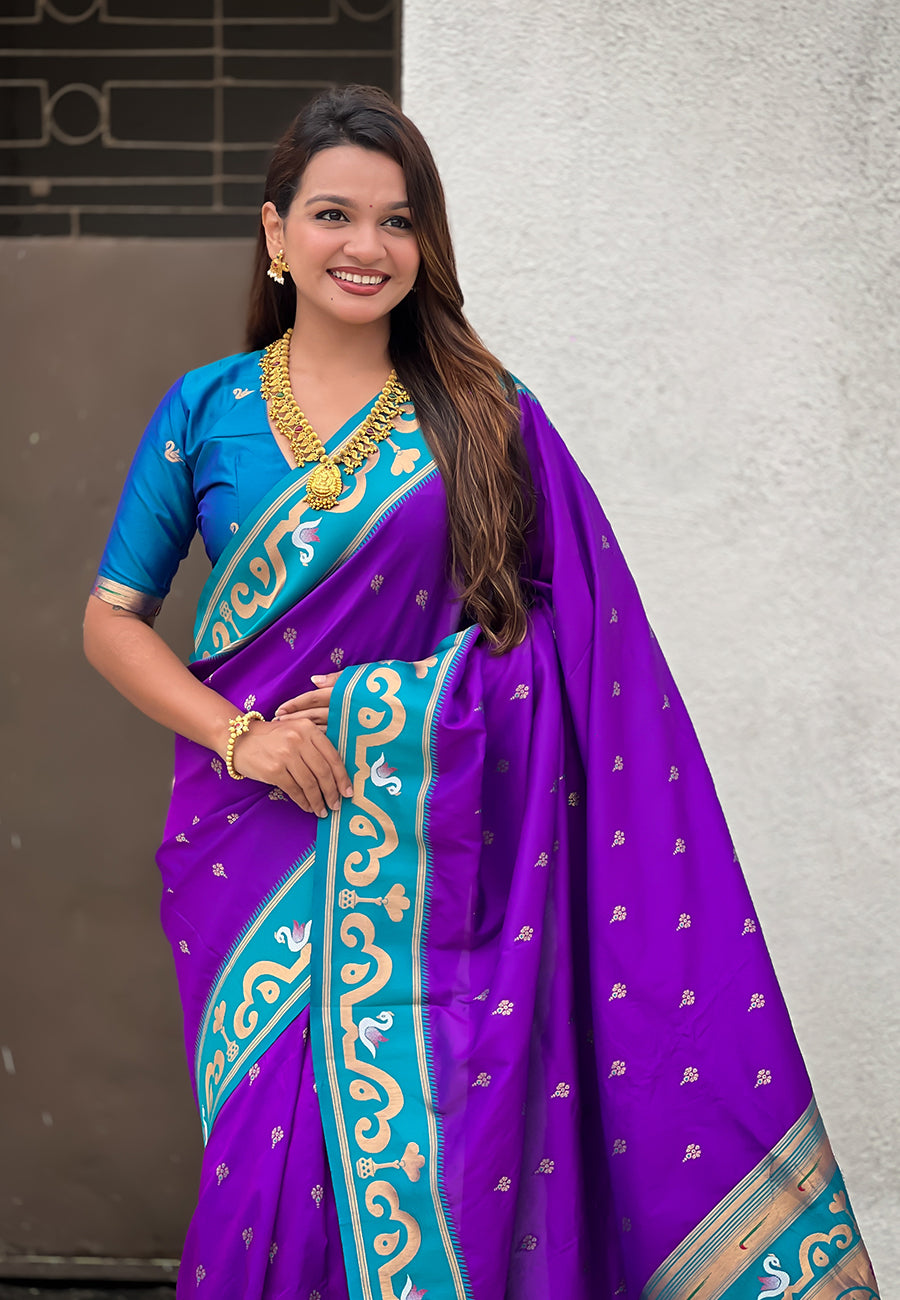 Purple Zari Woven Rajhans Swan Paithani Silk Saree