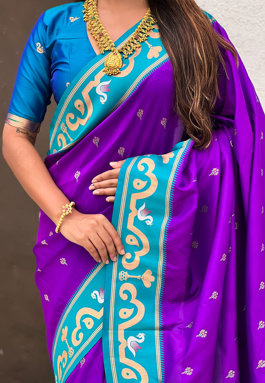 Purple Zari Woven Rajhans Swan Paithani Silk Saree