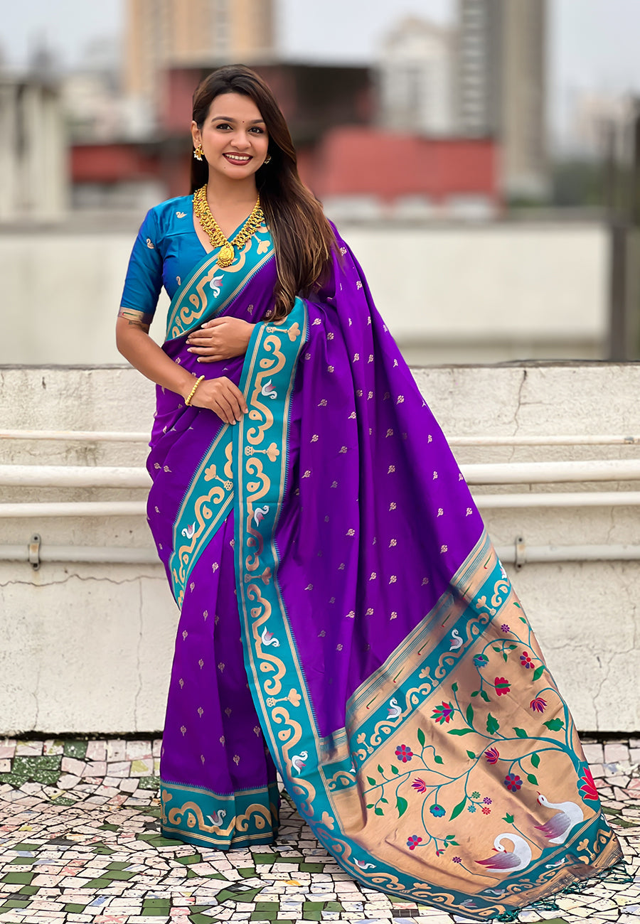 Purple Zari Woven Rajhans Swan Paithani Silk Saree