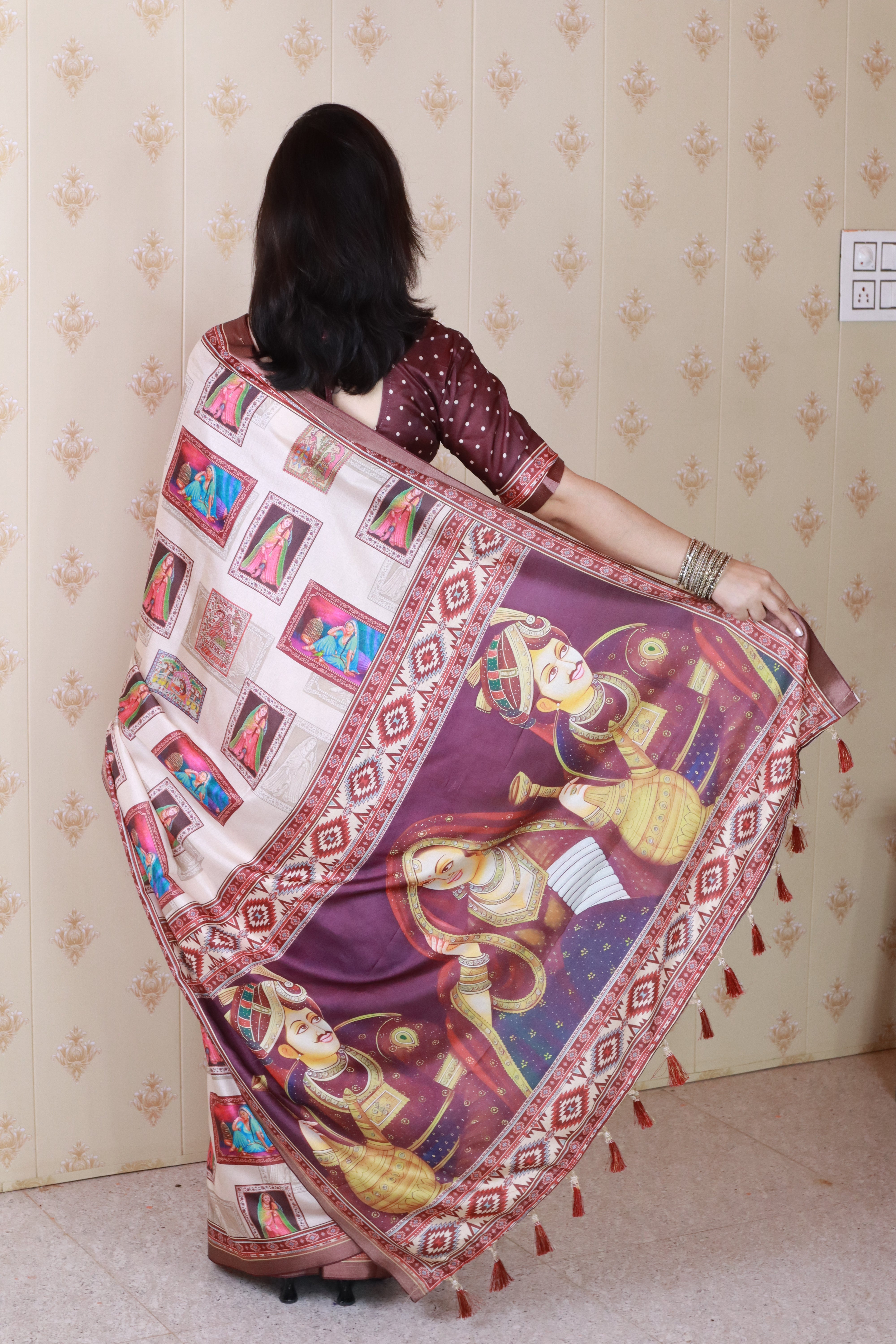 Maroon Tussar Silk Bold Kalamkari Figure Printed Saree with Zari Woven Border