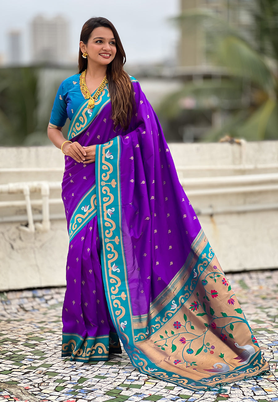 Purple Zari Woven Rajhans Swan Paithani Silk Saree