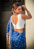 Dark Blue Katki Silk Printed Kalamkari Saree with Zari Border