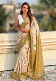Mehendi Green Tussar Silk Kalamkari Printed Saree with Zari Woven Border