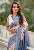 Sky Tussar Silk Kalamkari Printed Saree with Zari Woven Border