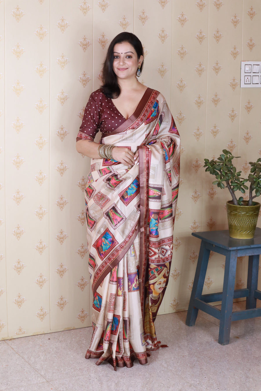 Maroon Tussar Silk Bold Kalamkari Figure Printed Saree with Zari Woven Border