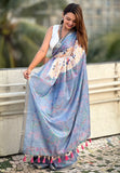 Sky Tussar Silk Kalamkari Printed Saree with Zari Woven Border