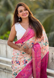 Pink Tussar Silk Kalamkari Printed Saree with Zari Woven Border