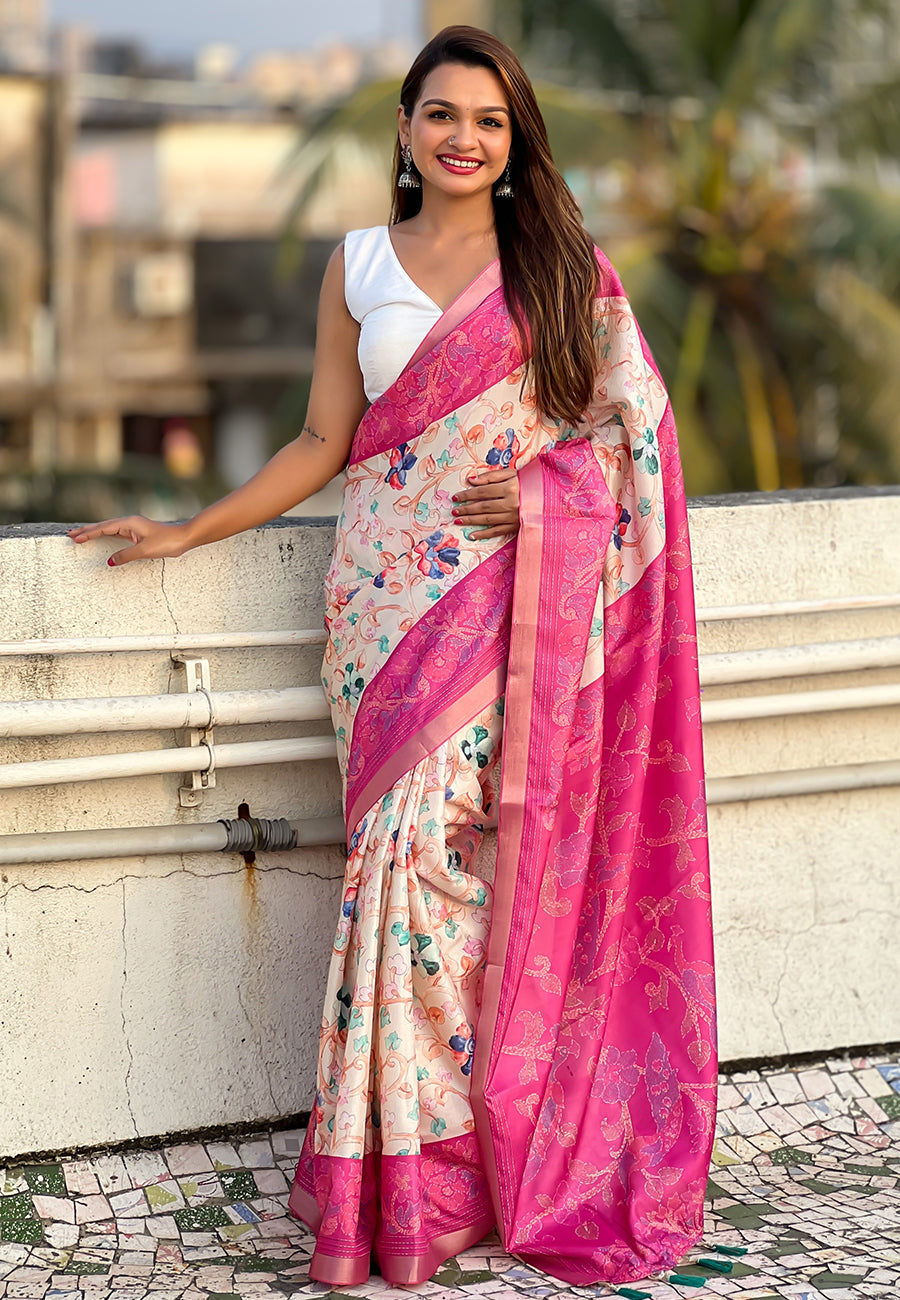 Pink Tussar Silk Kalamkari Printed Saree with Zari Woven Border