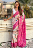 Pink Tussar Silk Kalamkari Printed Saree with Zari Woven Border