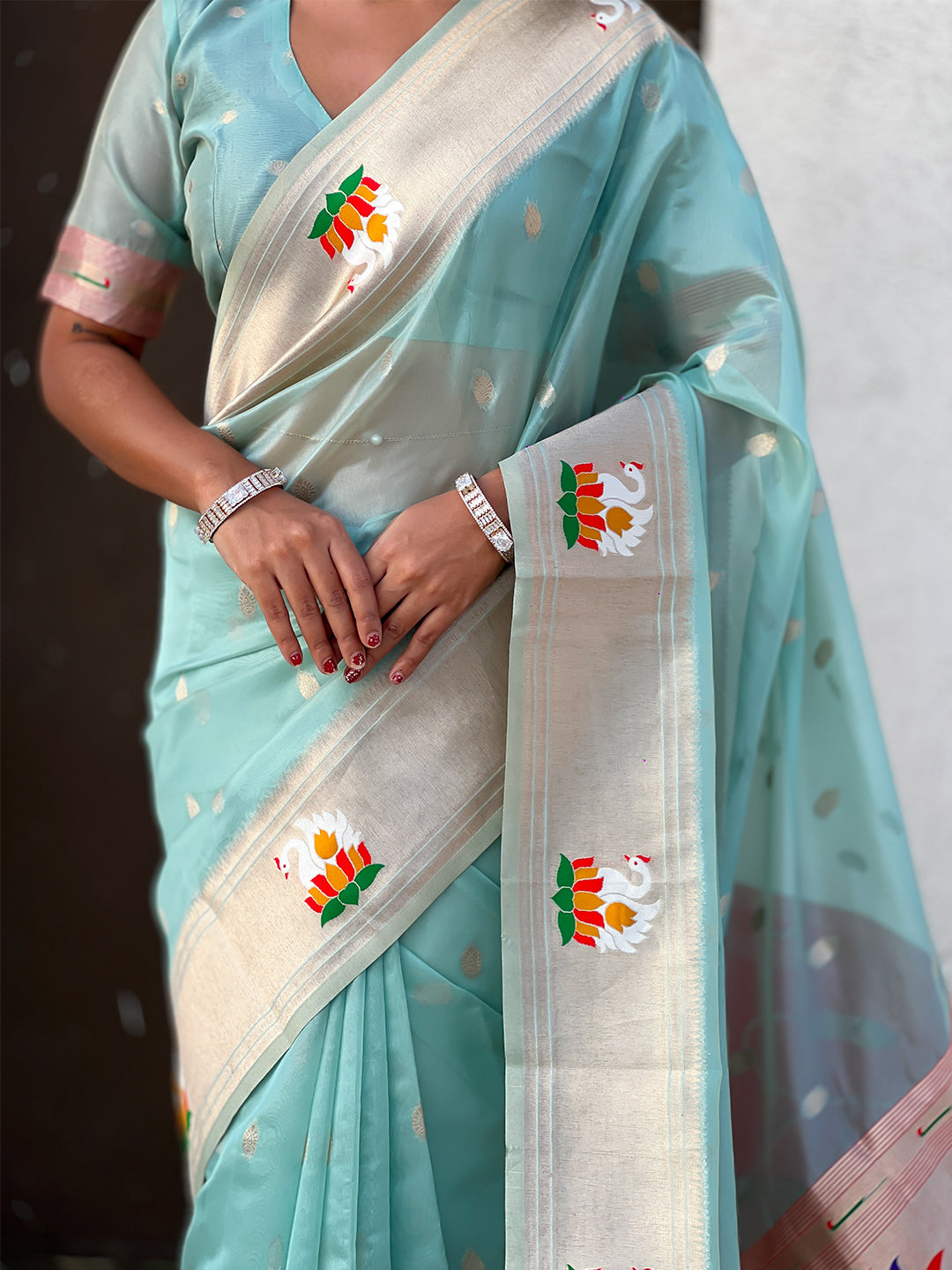 Sky Blue Organza Swan Paithani Silk Zari Woven Saree