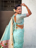 Sky Blue Organza Swan Paithani Silk Zari Woven Saree