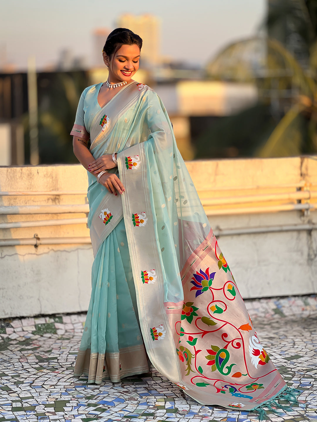 Sky Blue Organza Swan Paithani Silk Zari Woven Saree