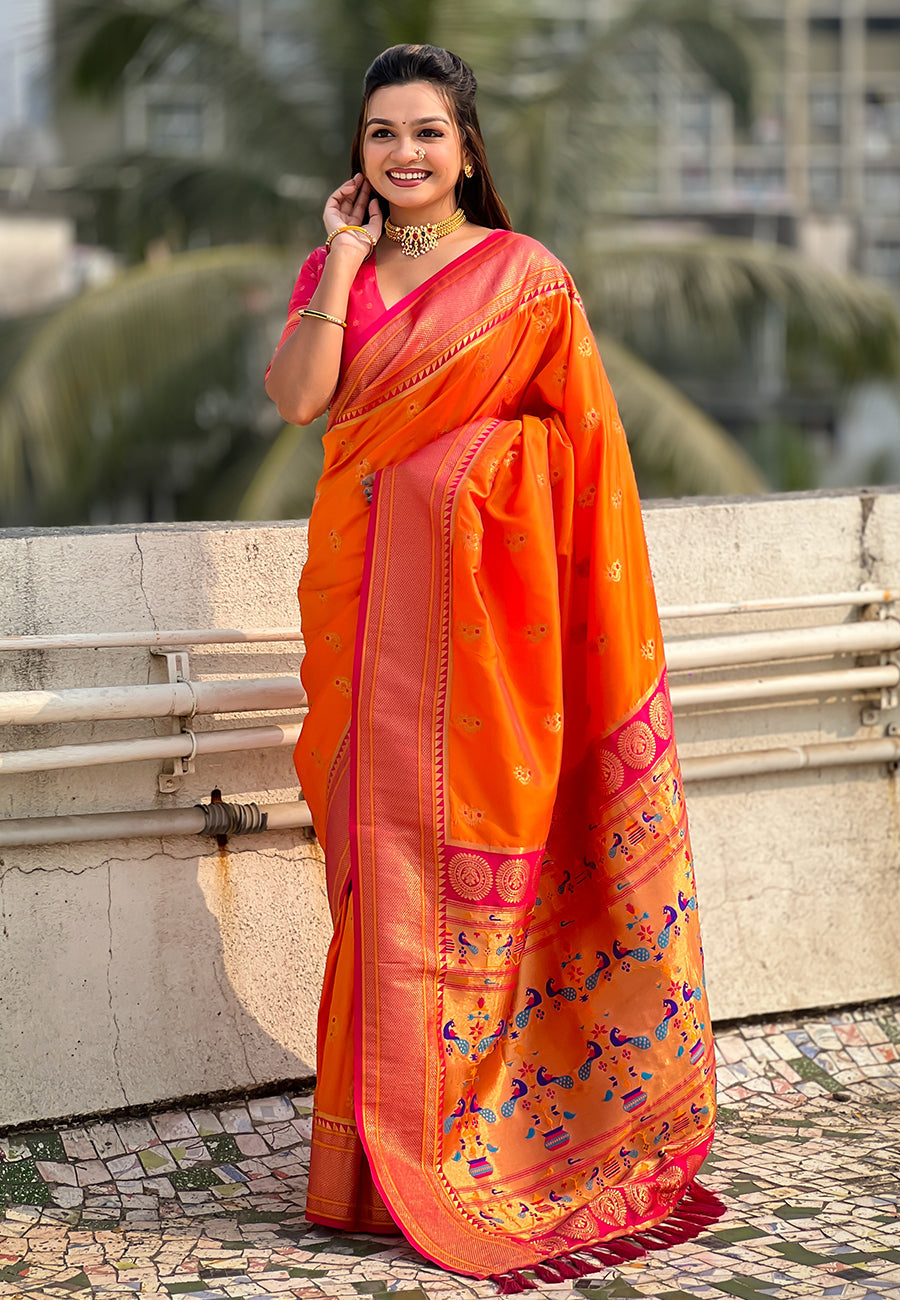 Orange Zari Woven Nath Contrast Yeola Paithani Silk Saree