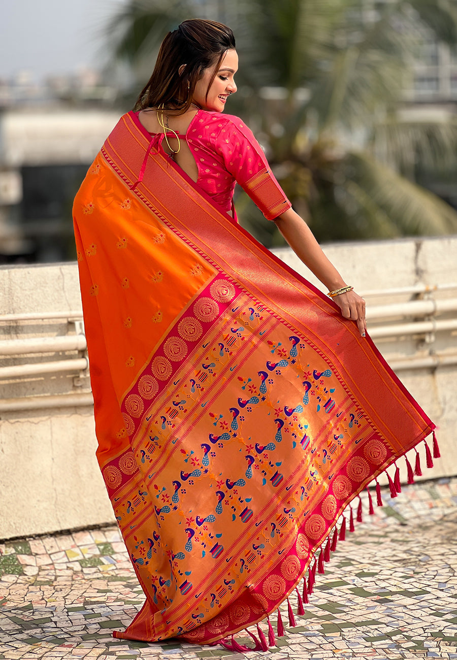 Orange Zari Woven Nath Contrast Yeola Paithani Silk Saree