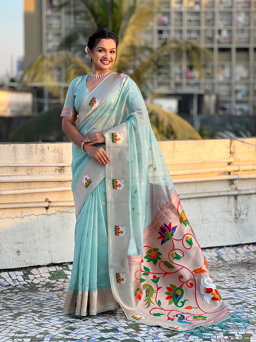 Sky Blue Organza Swan Paithani Silk Zari Woven Saree