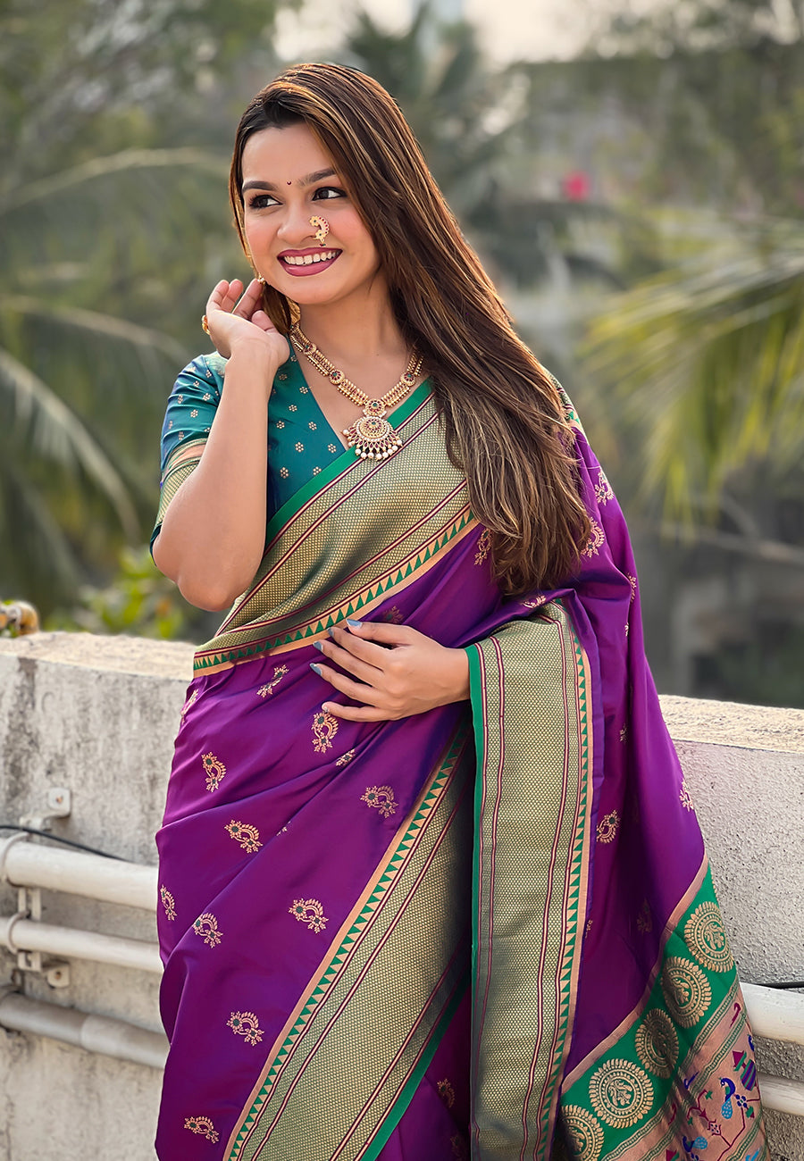 Wine Zari Woven Nath Contrast Yeola Paithani Silk Saree