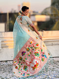 Sky Blue Organza Swan Paithani Silk Zari Woven Saree