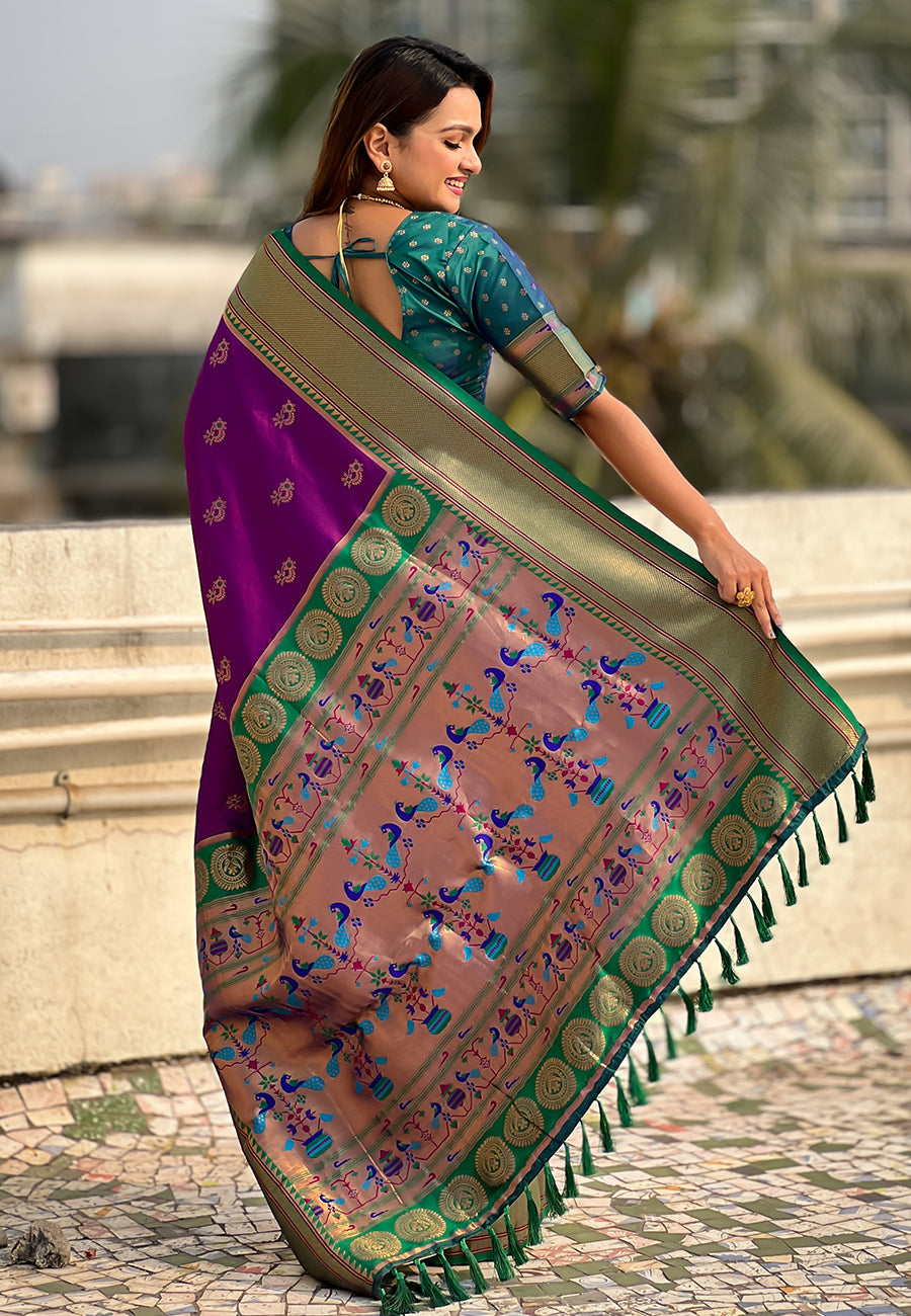Wine Zari Woven Nath Contrast Yeola Paithani Silk Saree
