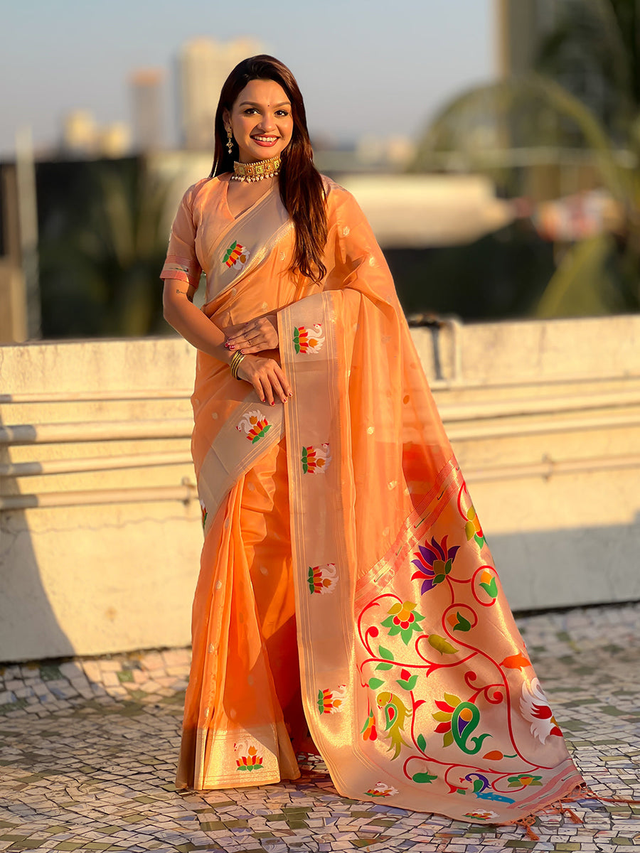Peach Organza Swan Paithani Silk Zari Woven Saree