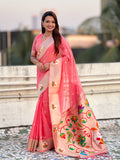 Dark Pink Organza Swan Paithani Silk Zari Woven Saree