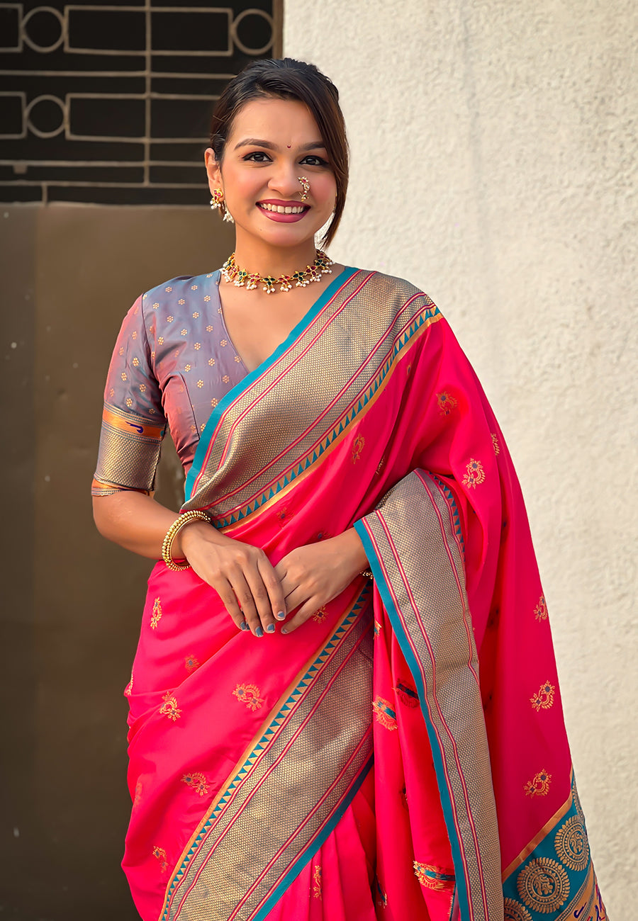 PInk Zari Woven Nath Contrast Yeola Paithani Silk Saree