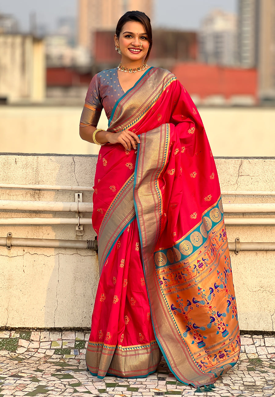 PInk Zari Woven Nath Contrast Yeola Paithani Silk Saree