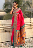 PInk Zari Woven Nath Contrast Yeola Paithani Silk Saree