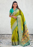 Mehendi Green Zari Woven Nath Contrast Yeola Paithani Silk Saree