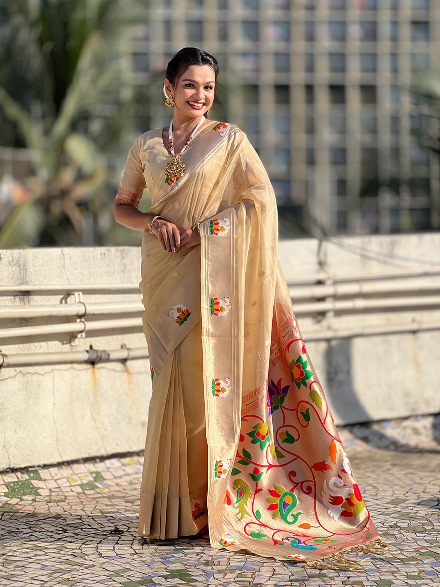 Chickoo Organza Swan Paithani Silk Zari Woven Saree