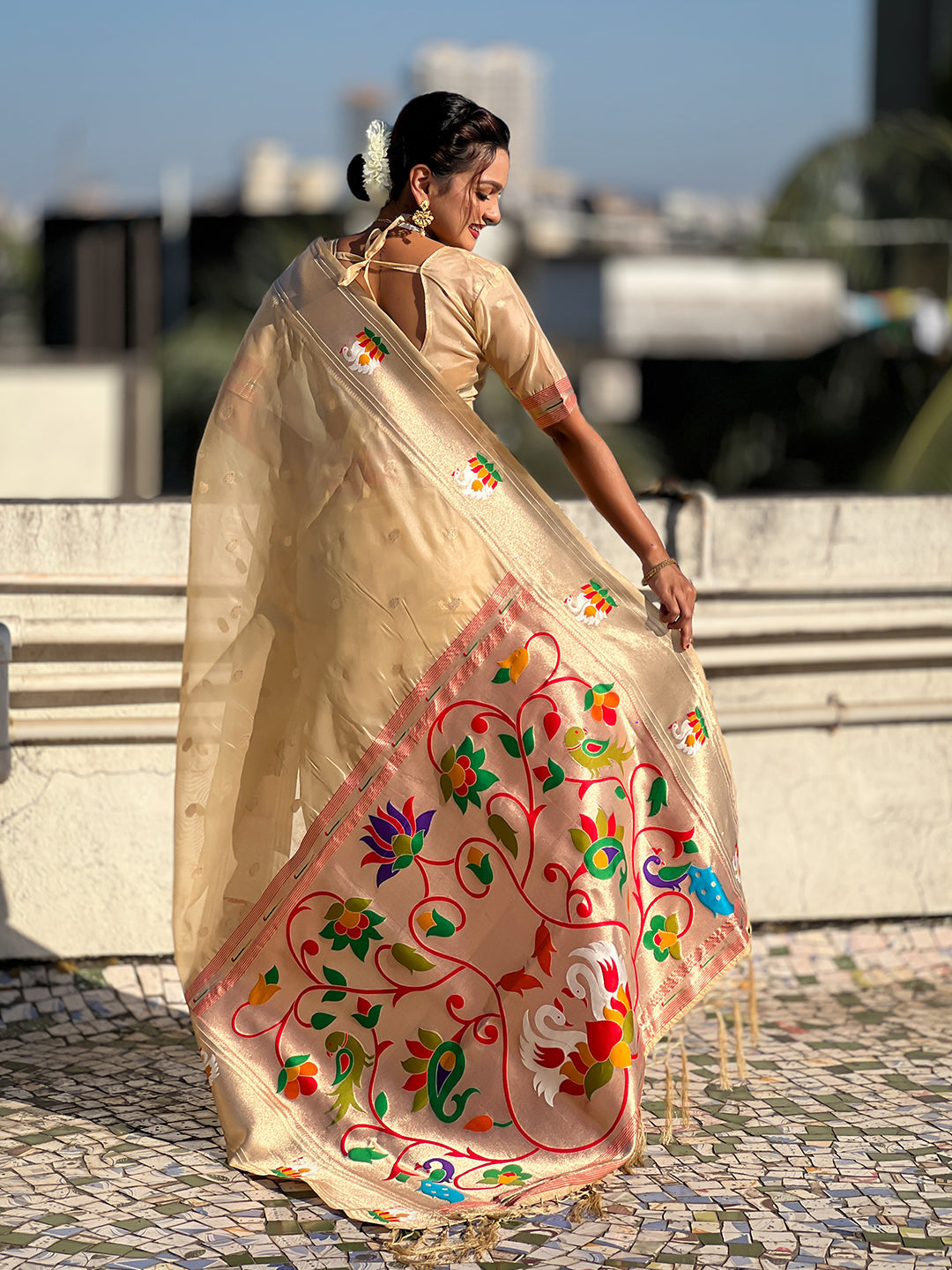 Chickoo Organza Swan Paithani Silk Zari Woven Saree