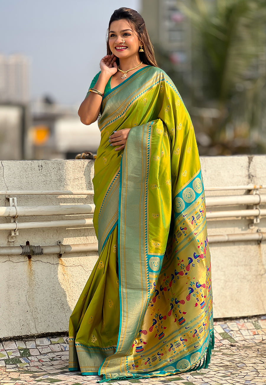 Mehendi Green Zari Woven Nath Contrast Yeola Paithani Silk Saree