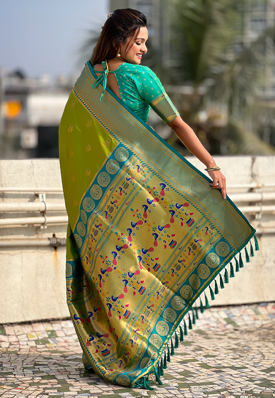 Mehendi Green Zari Woven Nath Contrast Yeola Paithani Silk Saree