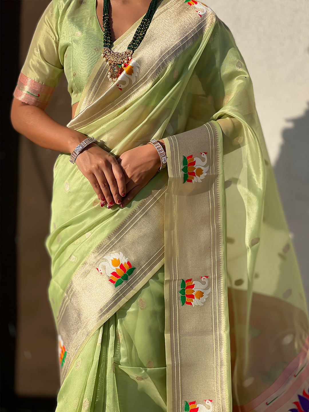 Pista Green Organza Swan Paithani Silk Zari Woven Saree