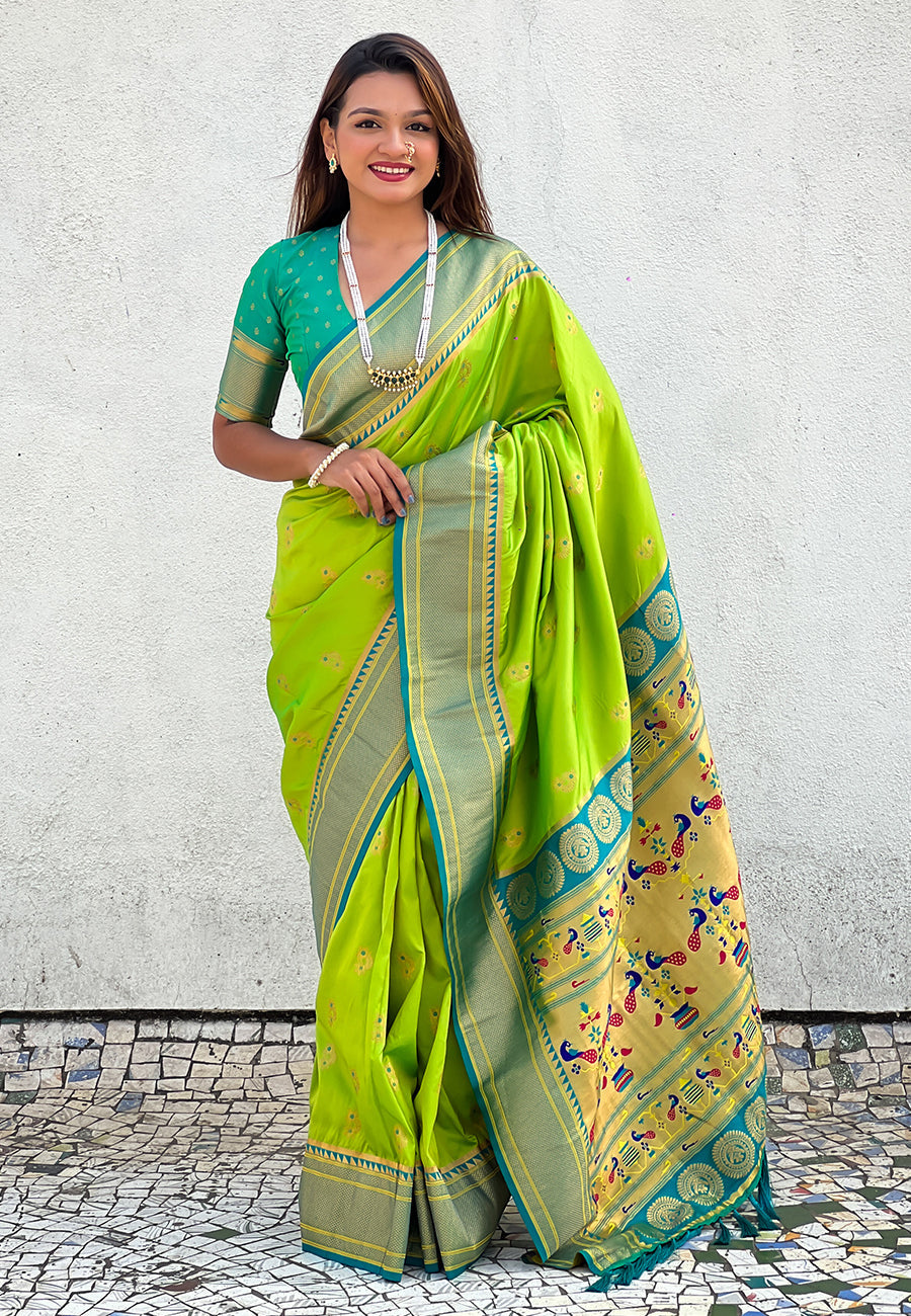 Pista Zari Woven Nath Contrast Yeola Paithani Silk Saree