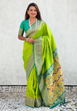 Pista Zari Woven Nath Contrast Yeola Paithani Silk Saree