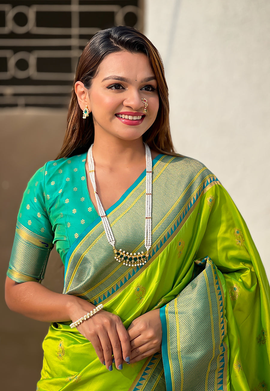 Pista Zari Woven Nath Contrast Yeola Paithani Silk Saree