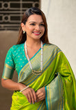 Pista Zari Woven Nath Contrast Yeola Paithani Silk Saree