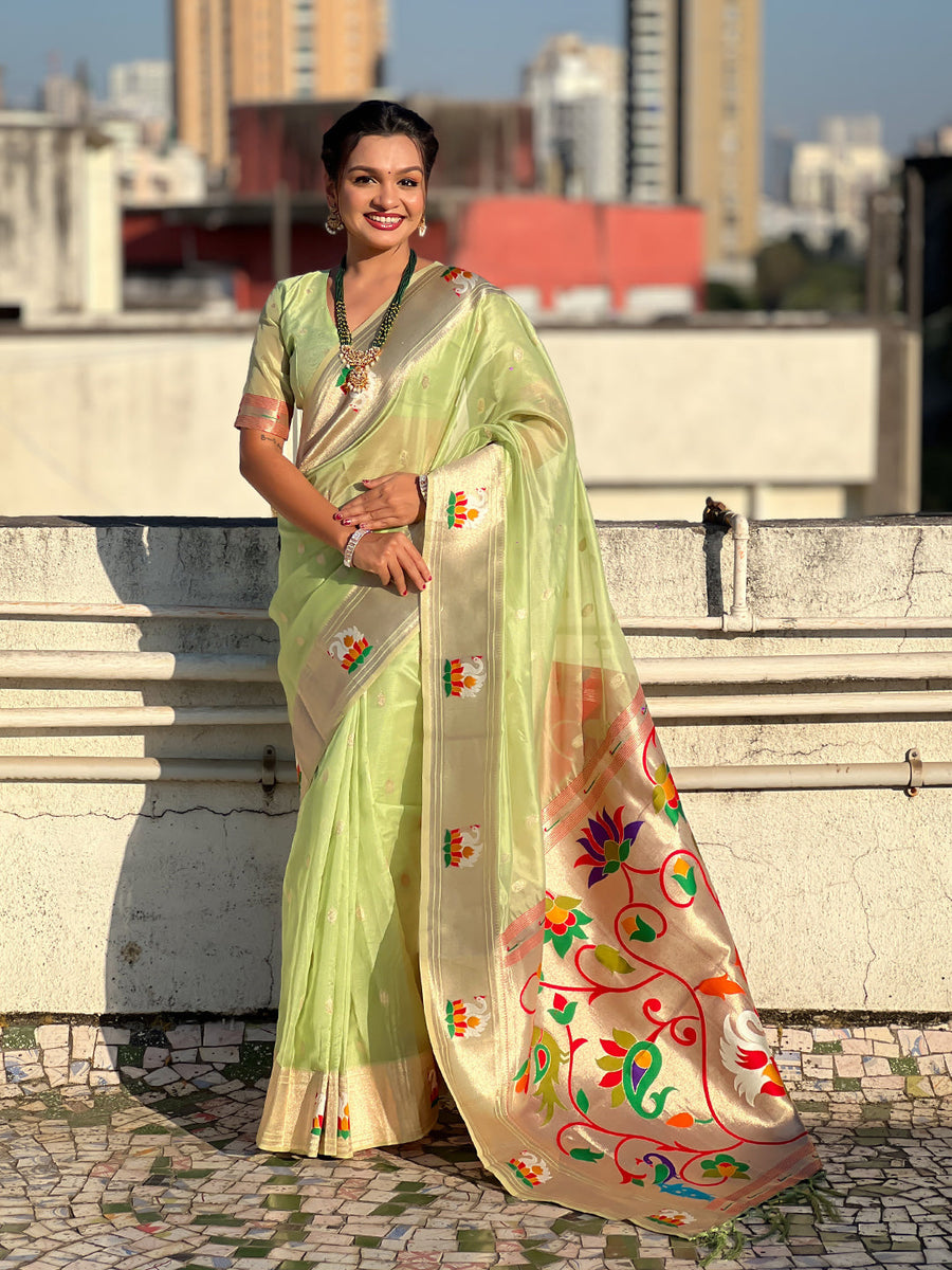 Pista Green Organza Swan Paithani Silk Zari Woven Saree