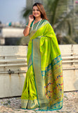 Pista Zari Woven Nath Contrast Yeola Paithani Silk Saree