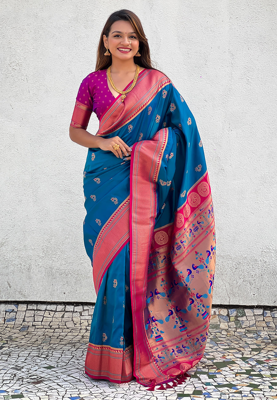 Blue Zari Woven Nath Contrast Yeola Paithani Silk Saree